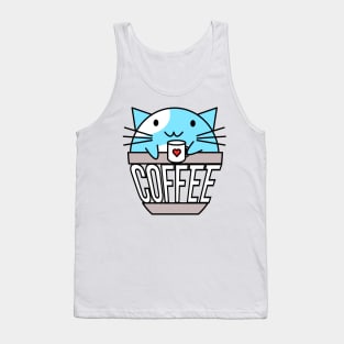 Cat in coffee cup with warped text holding coffee cup with heart blue and white Tank Top